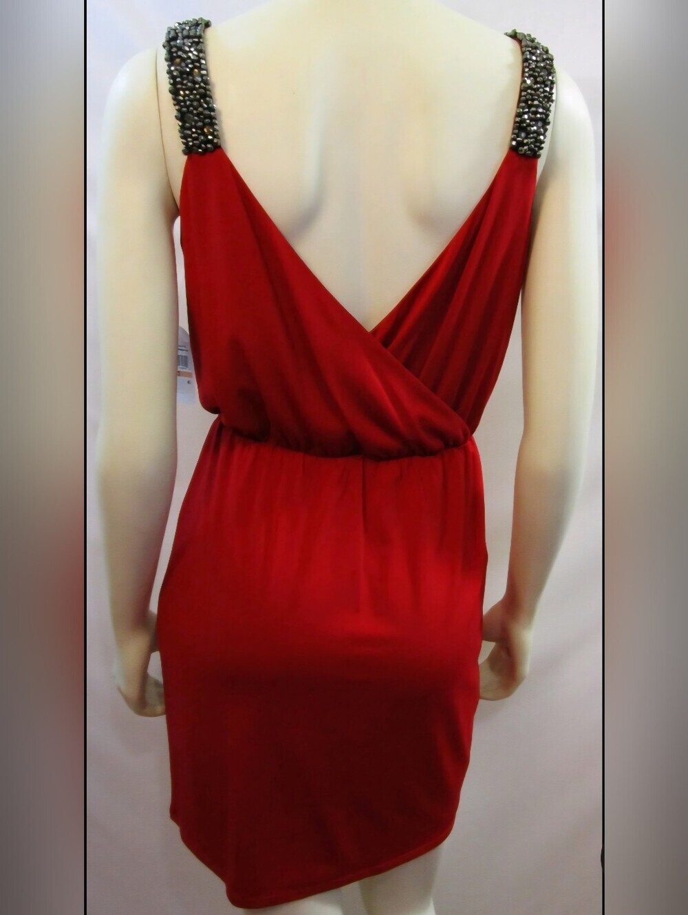 Jessica Simpson Sleeveless Red Sheath with Jeweled Straps and Back V-Cut